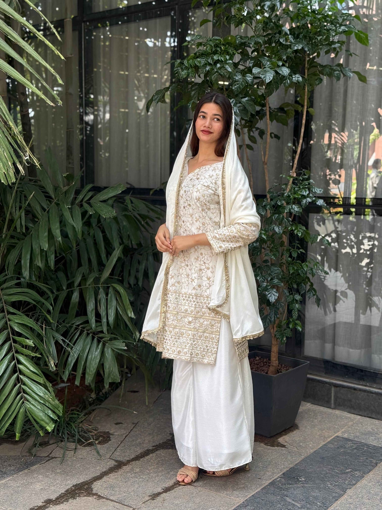 Pure Chinon Silk White and Golden Sharara Set