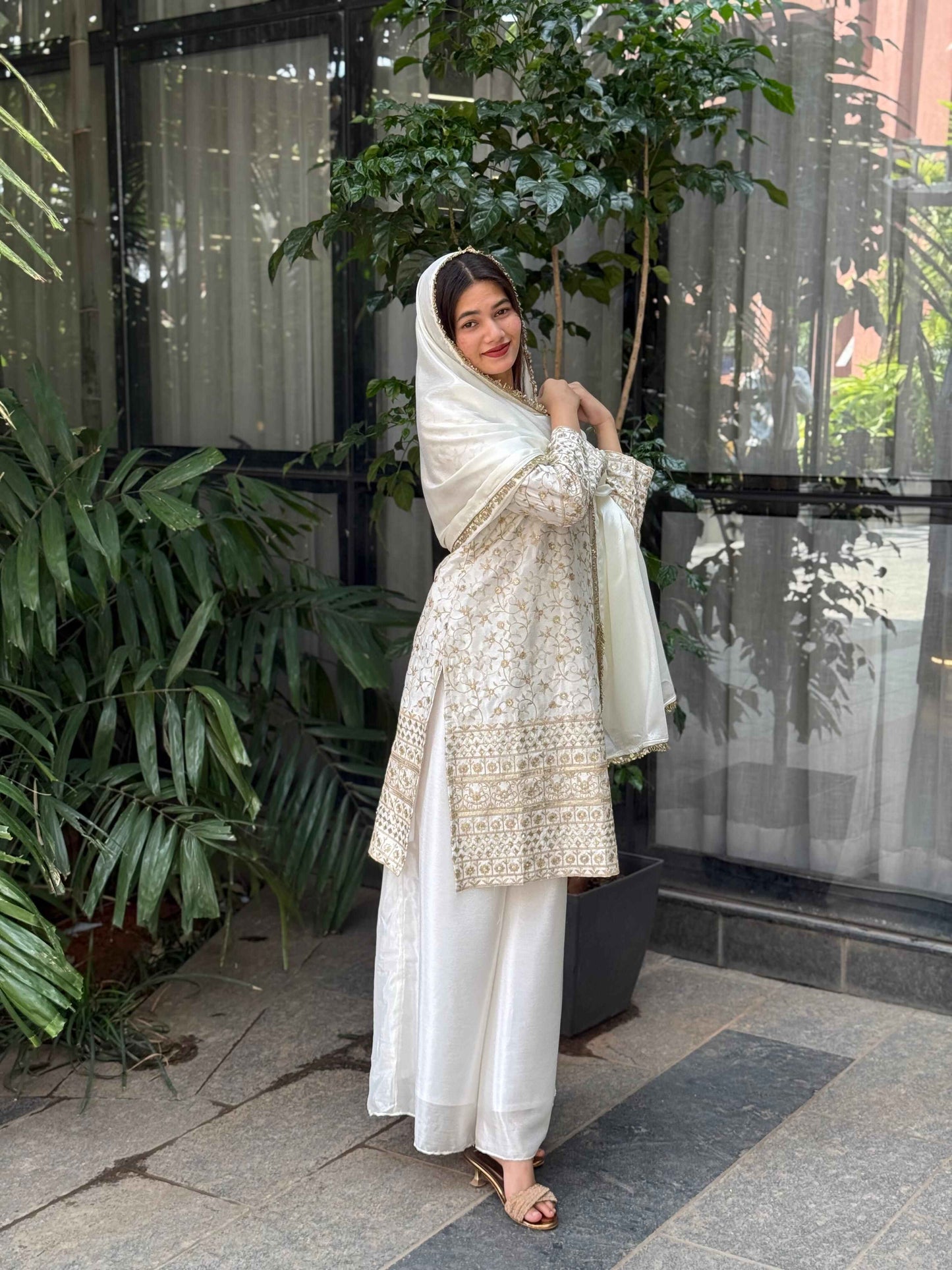 Pure Chinon Silk White and Golden Sharara Set