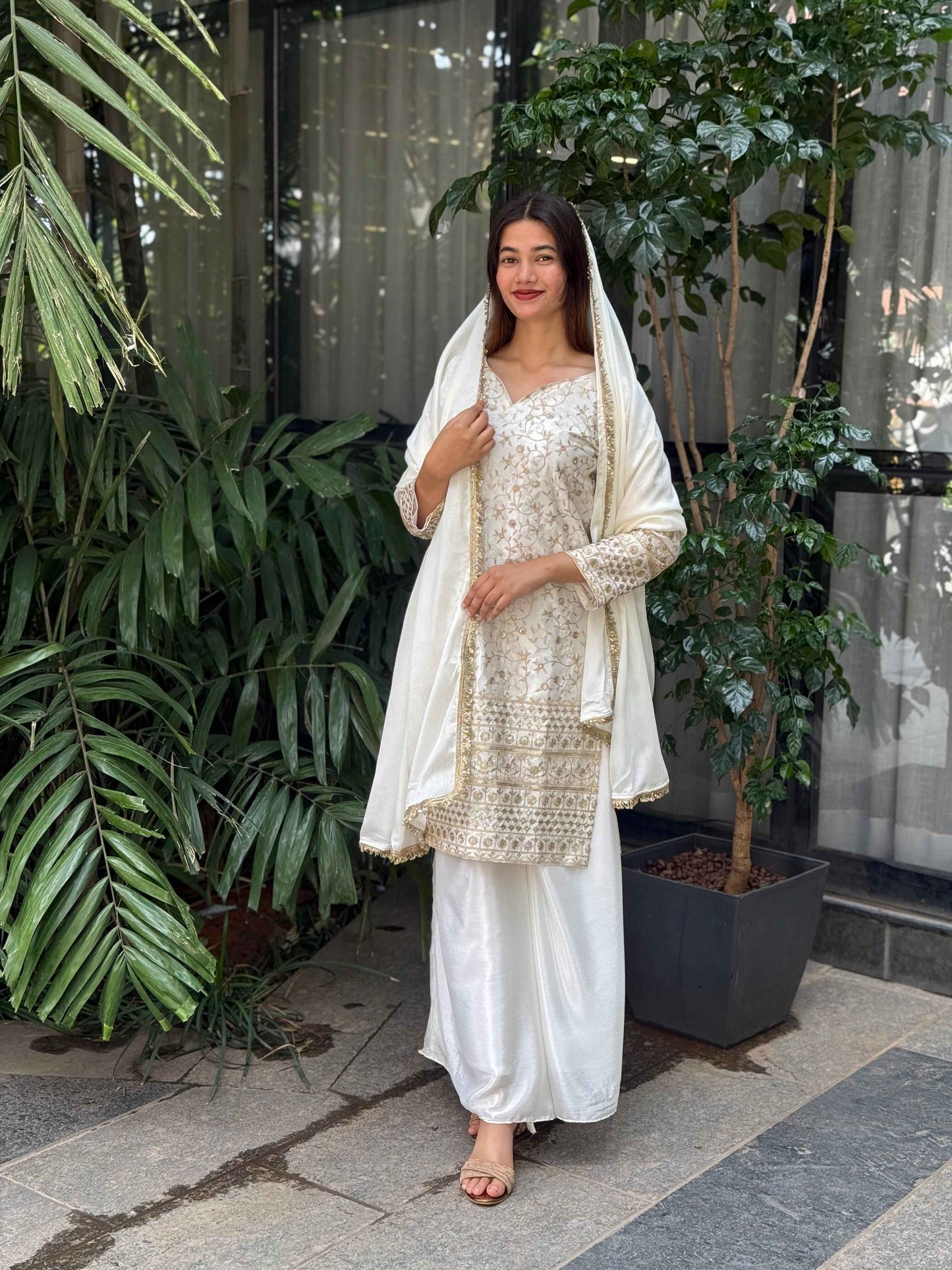 Pure Chinon Silk White and Golden Sharara Set