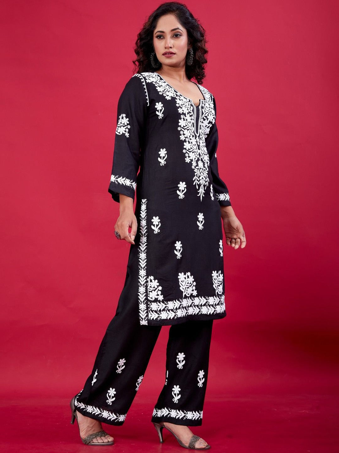 Black Lucknowi Chikankari Suit With Palazzos