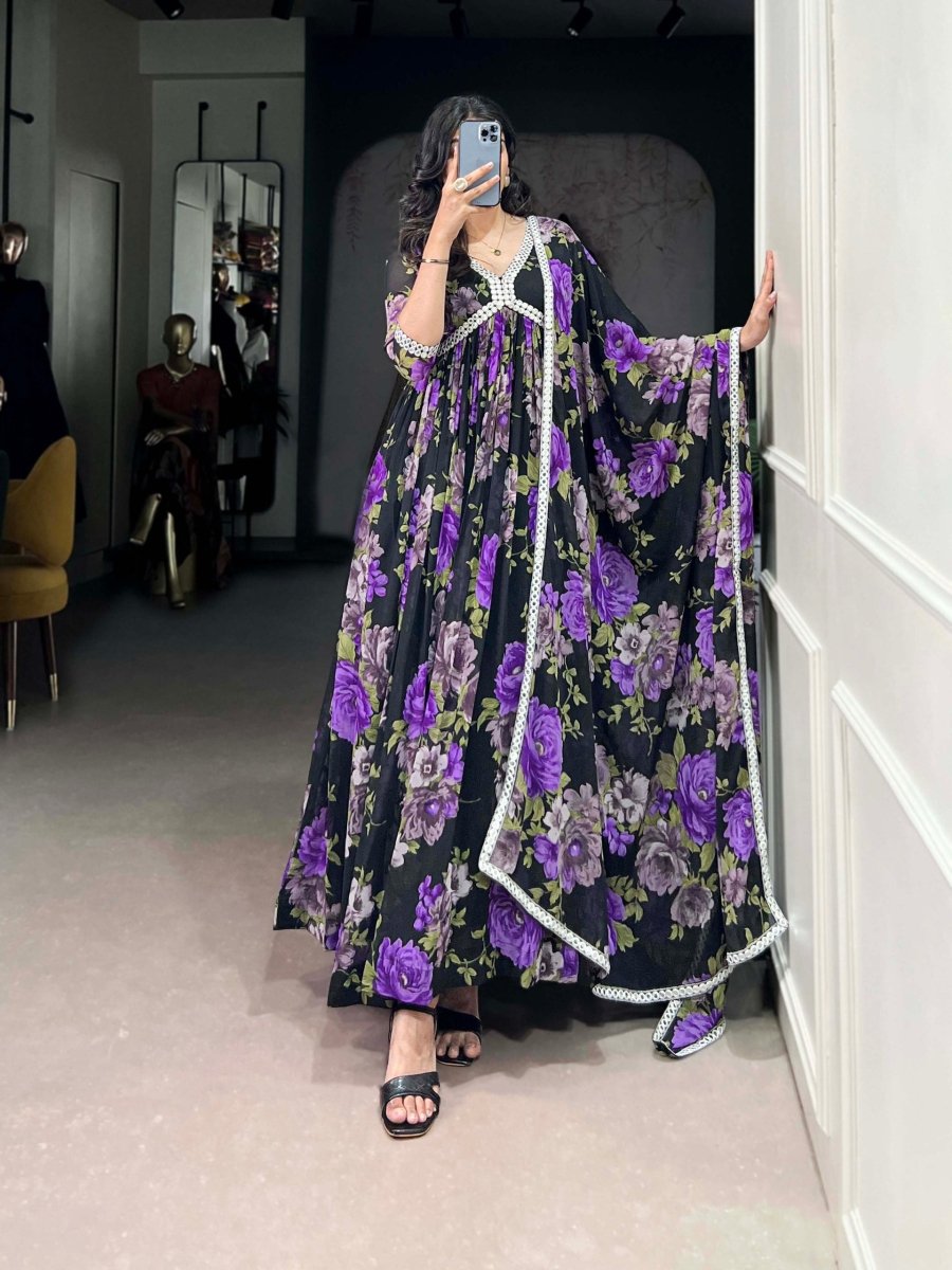 Floral Printed Gown with Mirror Work (4 colors)