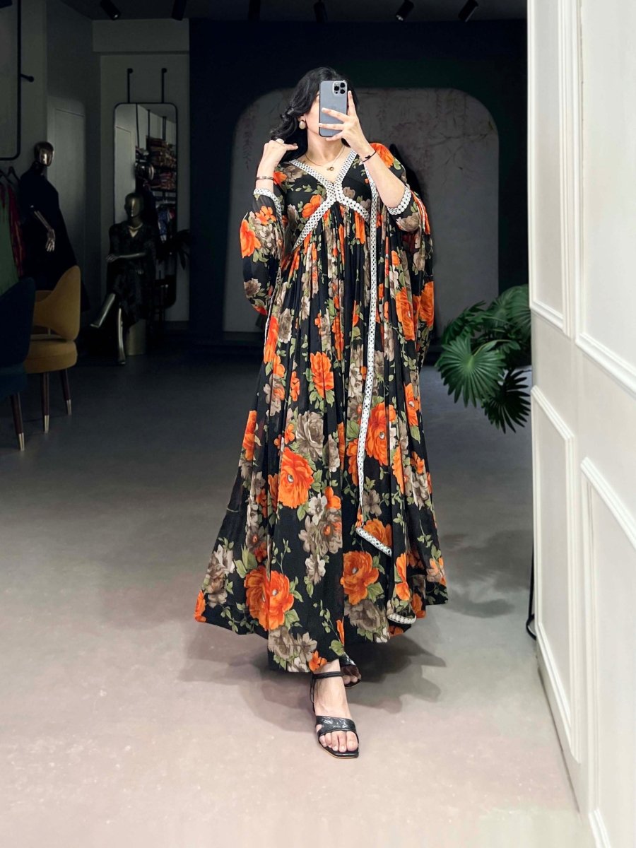 Floral Printed Gown with Mirror Work (4 colors)