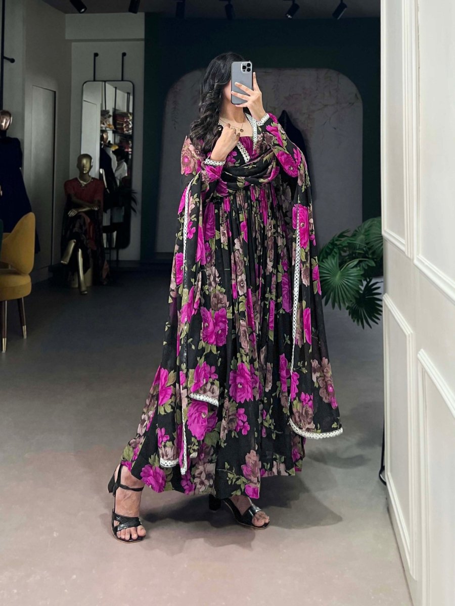 Floral Printed Gown with Mirror Work (4 colors)