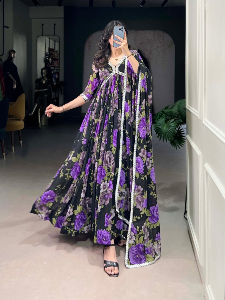 Floral Printed Gown with Mirror Work (4 colors)