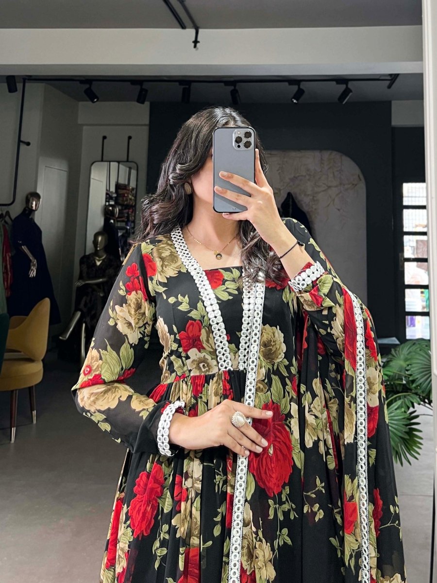 Floral Printed Gown with Mirror Work (4 colors)