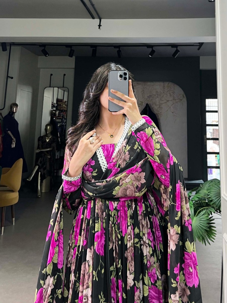 Floral Printed Gown with Mirror Work (4 colors)