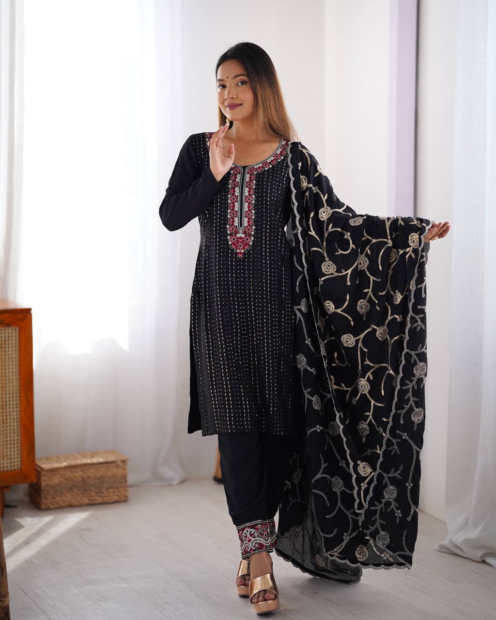 Thread Work Chinon Silk 3 Piece Kurti Set