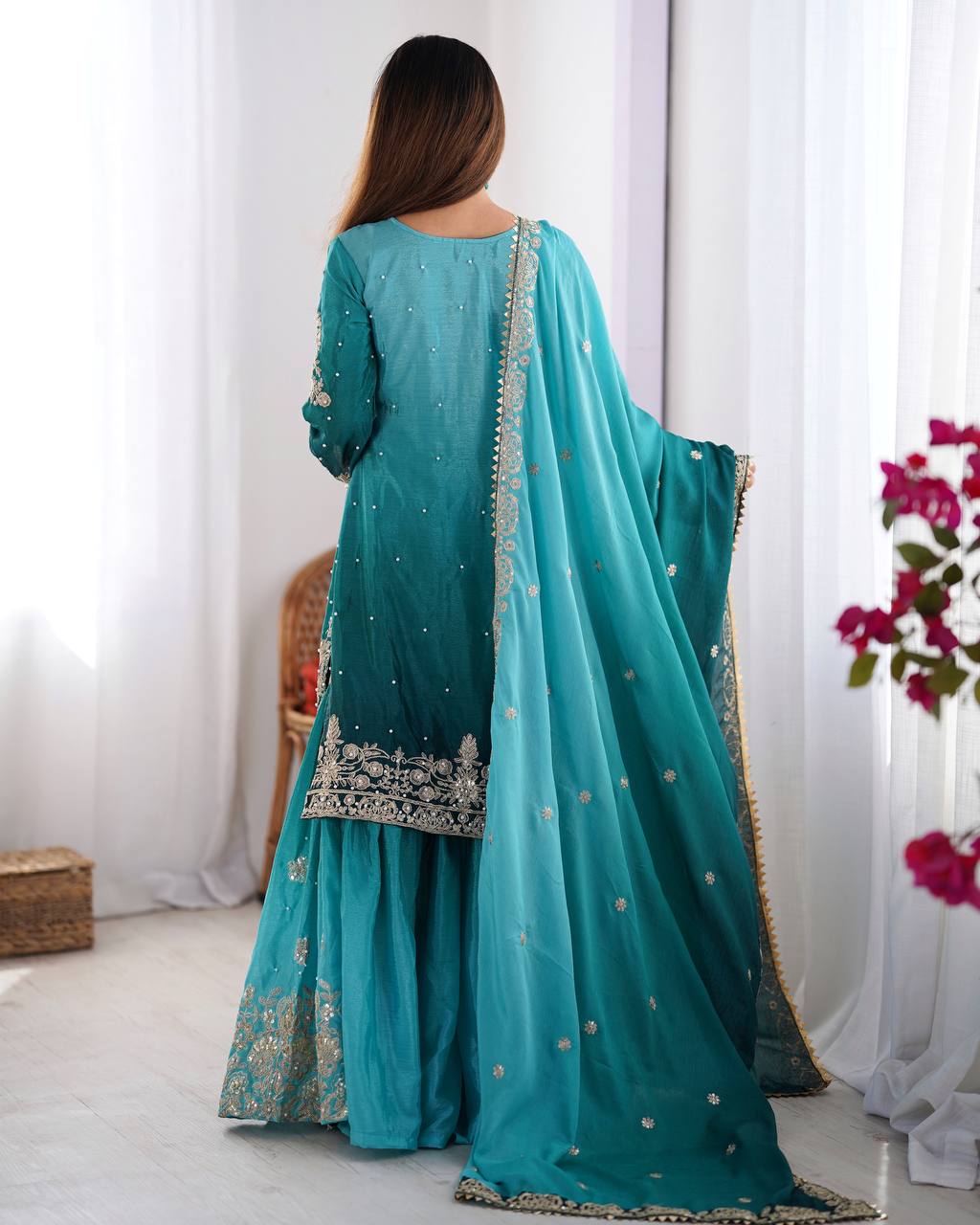 Teal Dual Shade Sharara Set