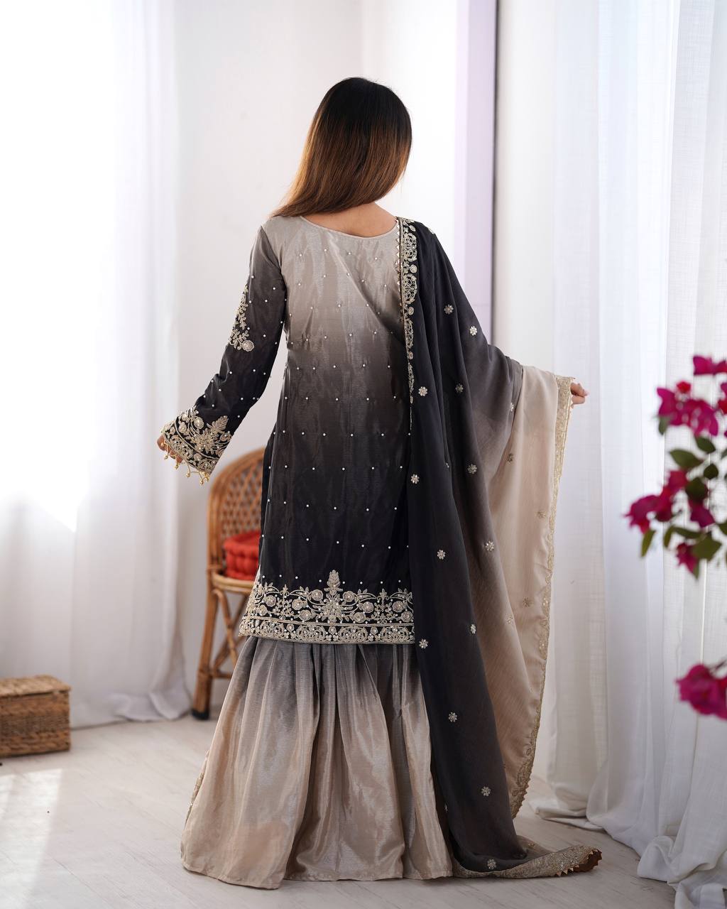 Black Dual Shade Sharara Set