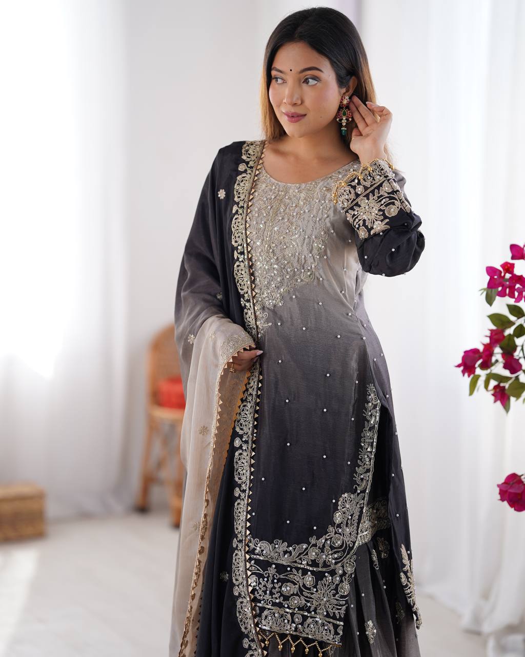 Black Dual Shade Sharara Set