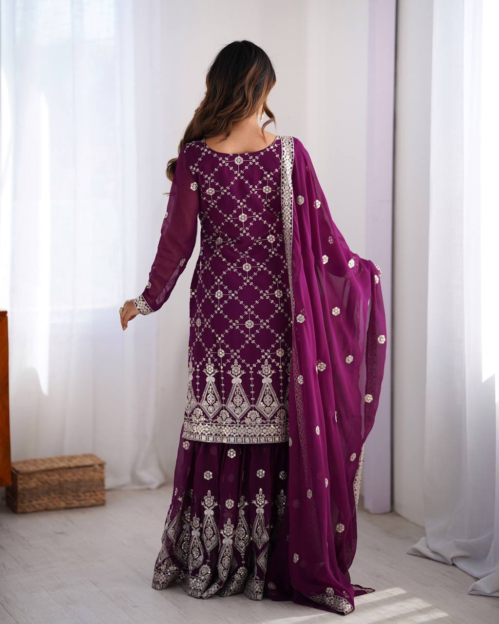 Wine Faux Georgette Sharara Set