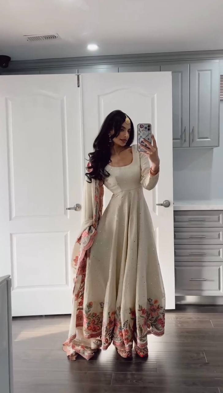White Anarkali With Flower Embroidery
