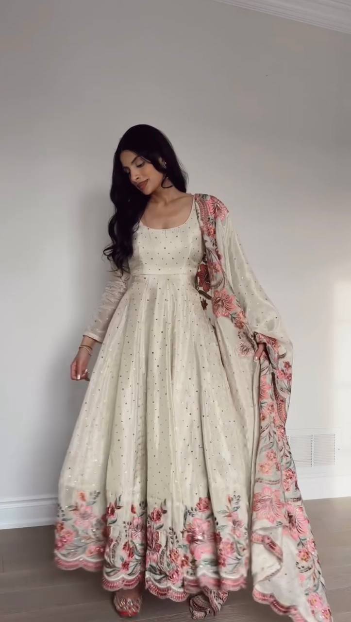 White Anarkali With Flower Embroidery