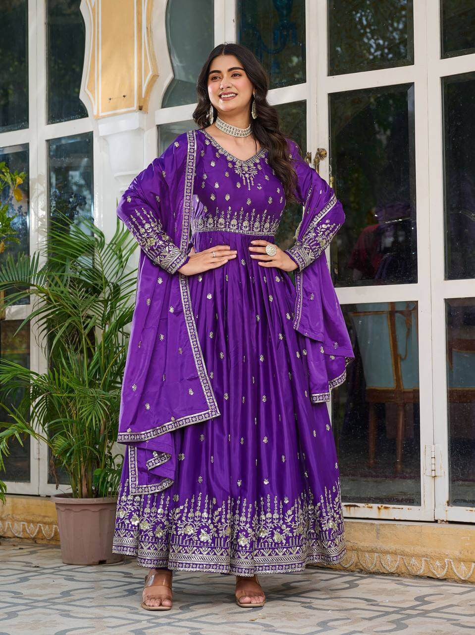 Thread work Purple American Silk Anarkali
