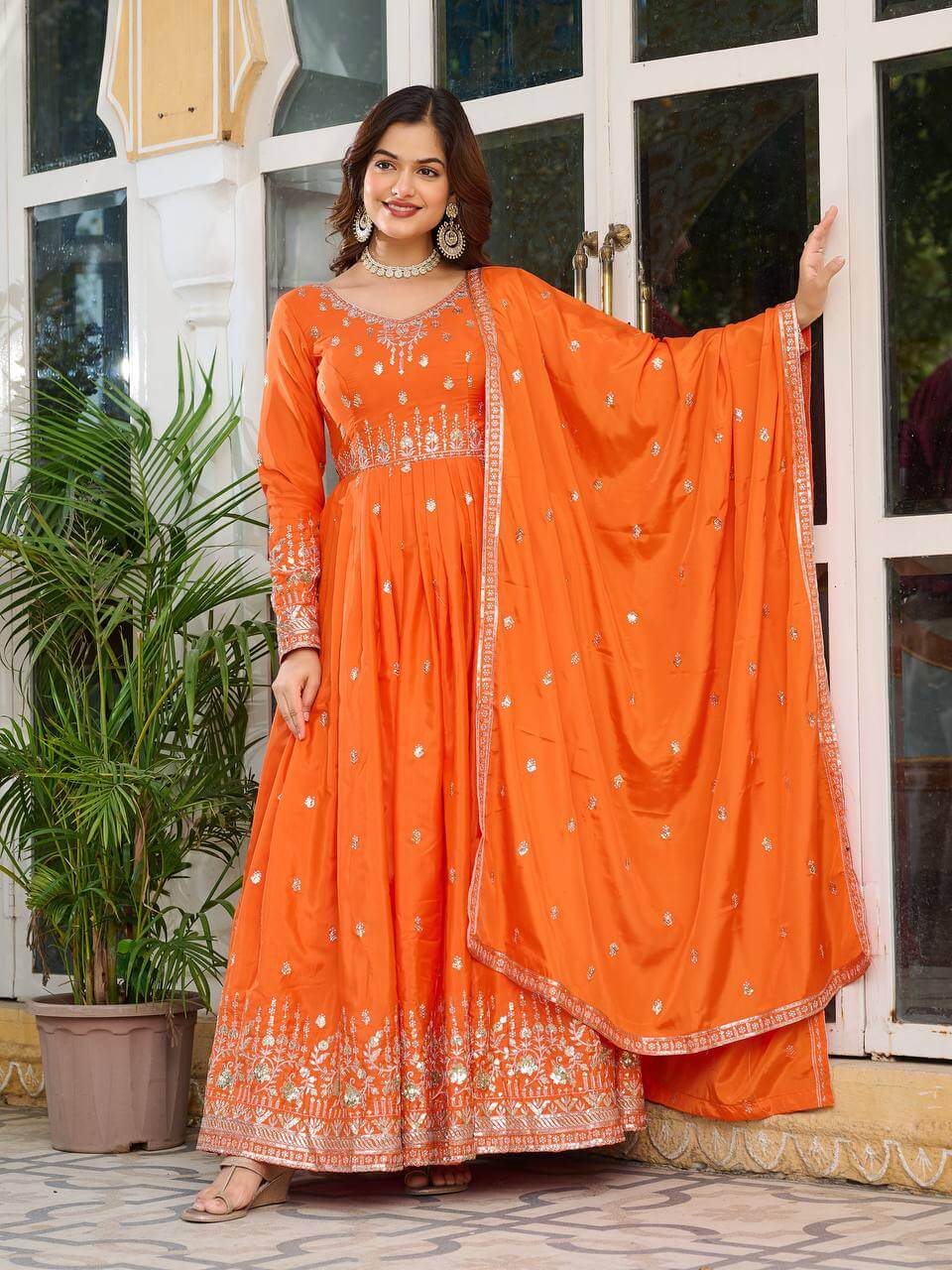 Thread work Orange American Silk Anarkali