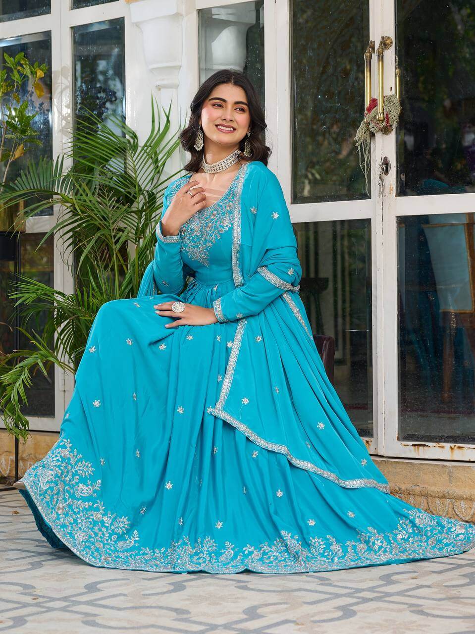 Thread work Sky Blue American Silk Anarkali