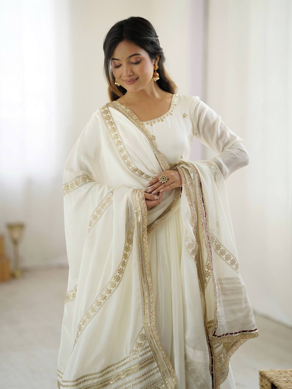 Chinon Silk White Anarkali