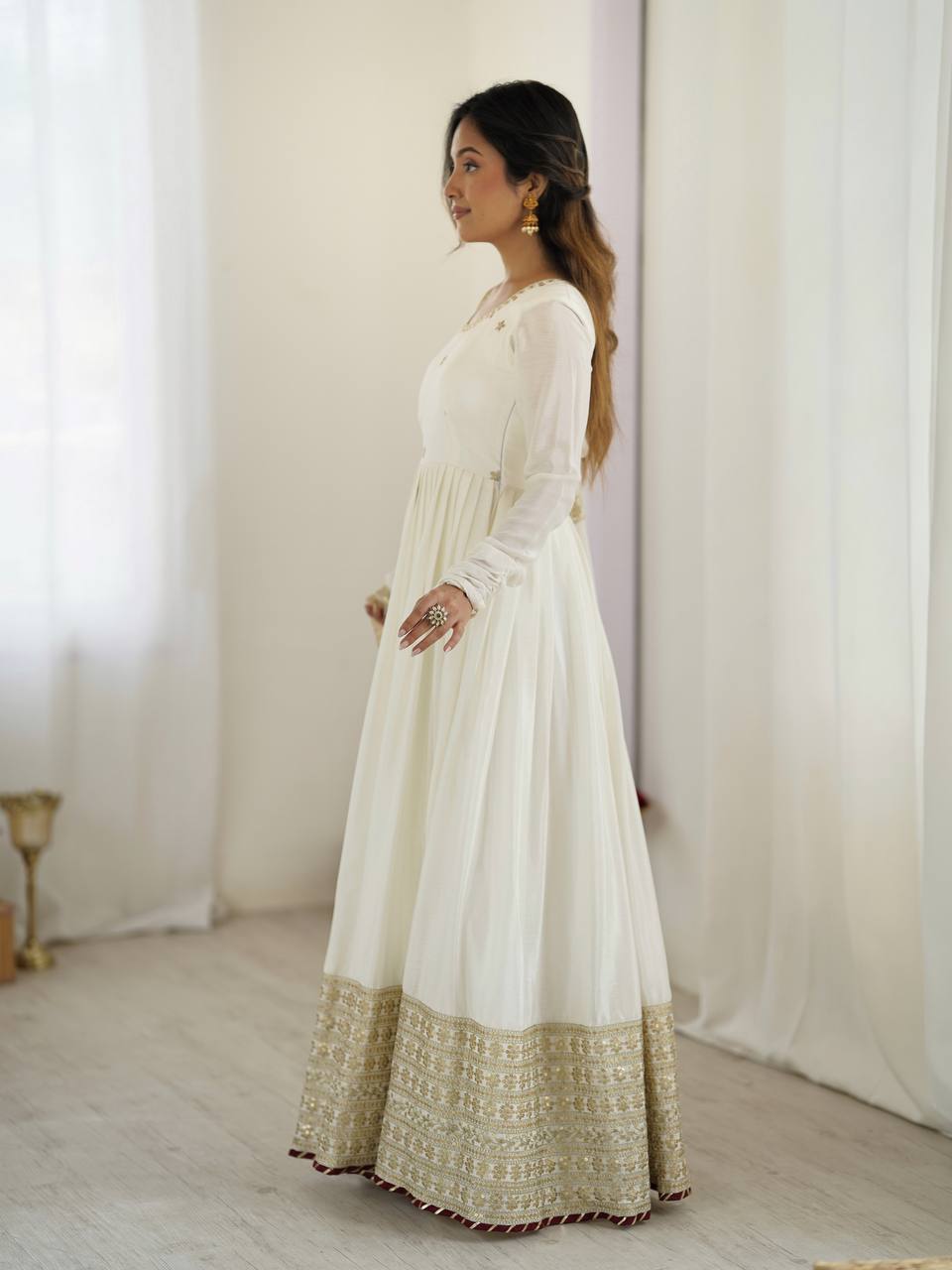 Chinon Silk White Anarkali
