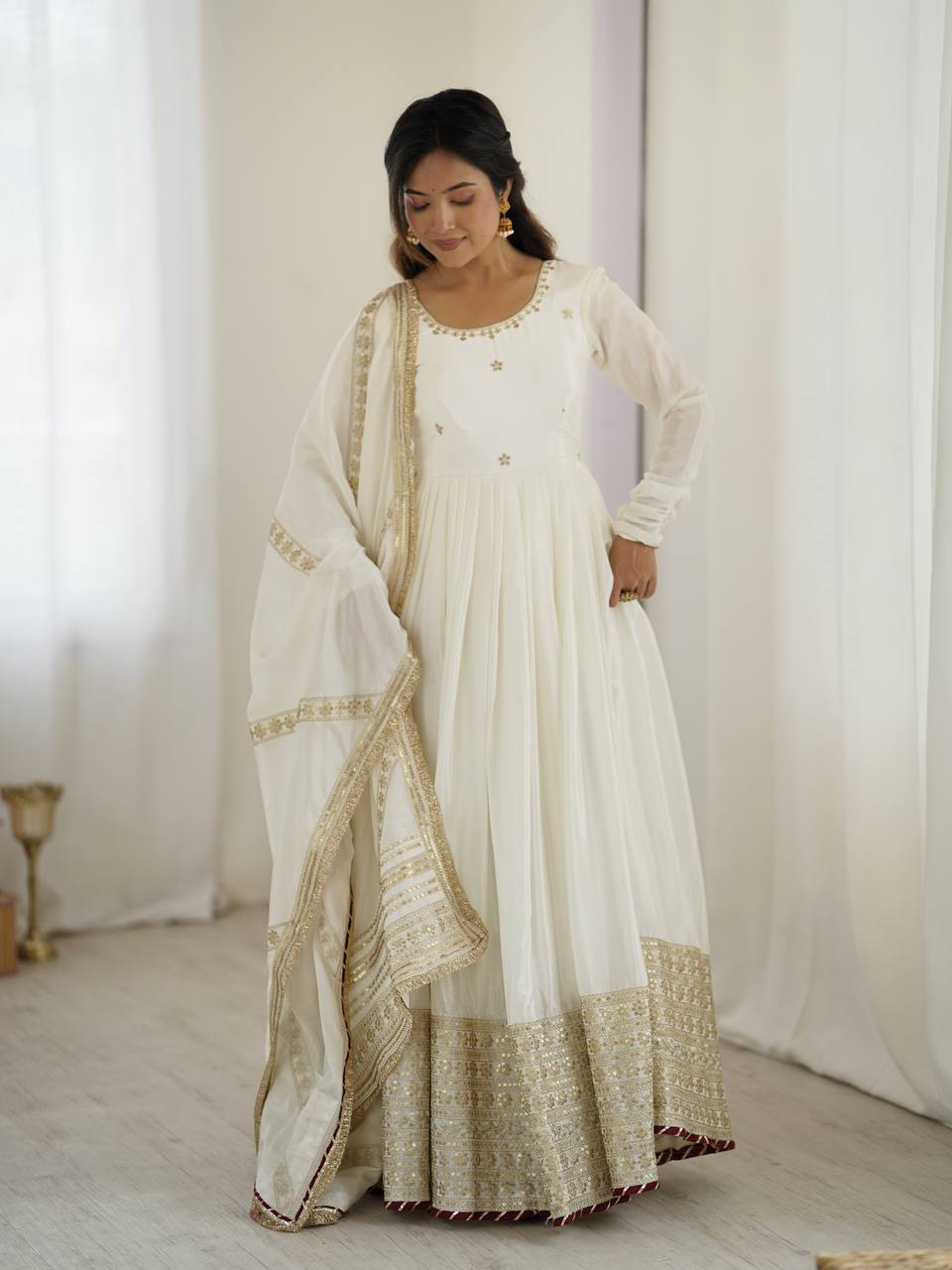 Chinon Silk White Anarkali