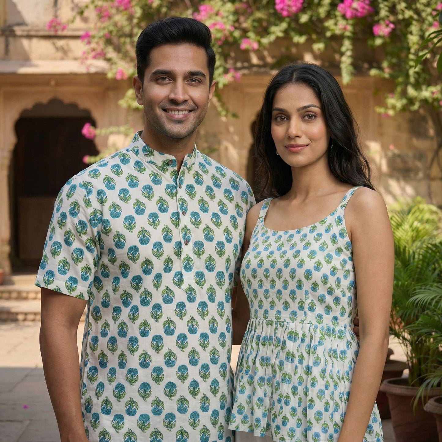Couple Summer Short Kurta & Kurti Combo White