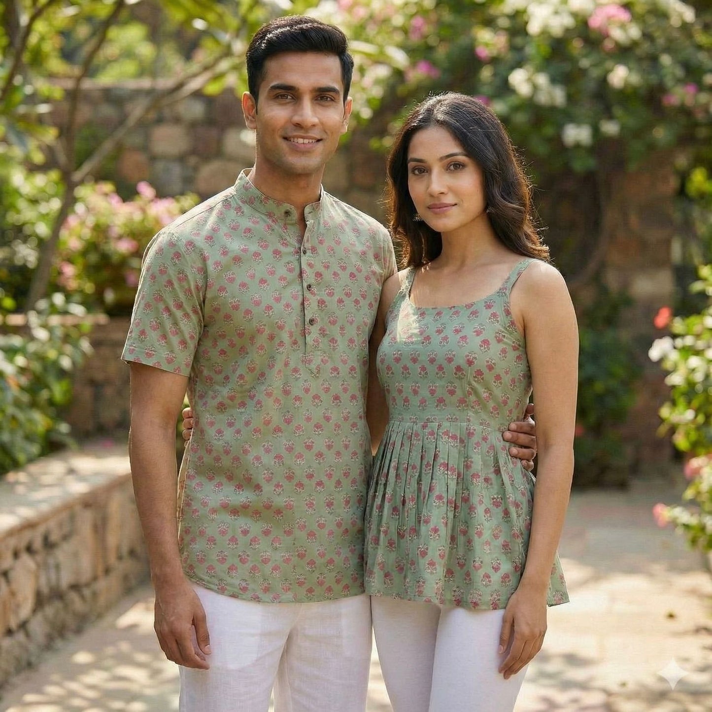 Couple Summer Short Kurta & Kurti Combo Mint Green