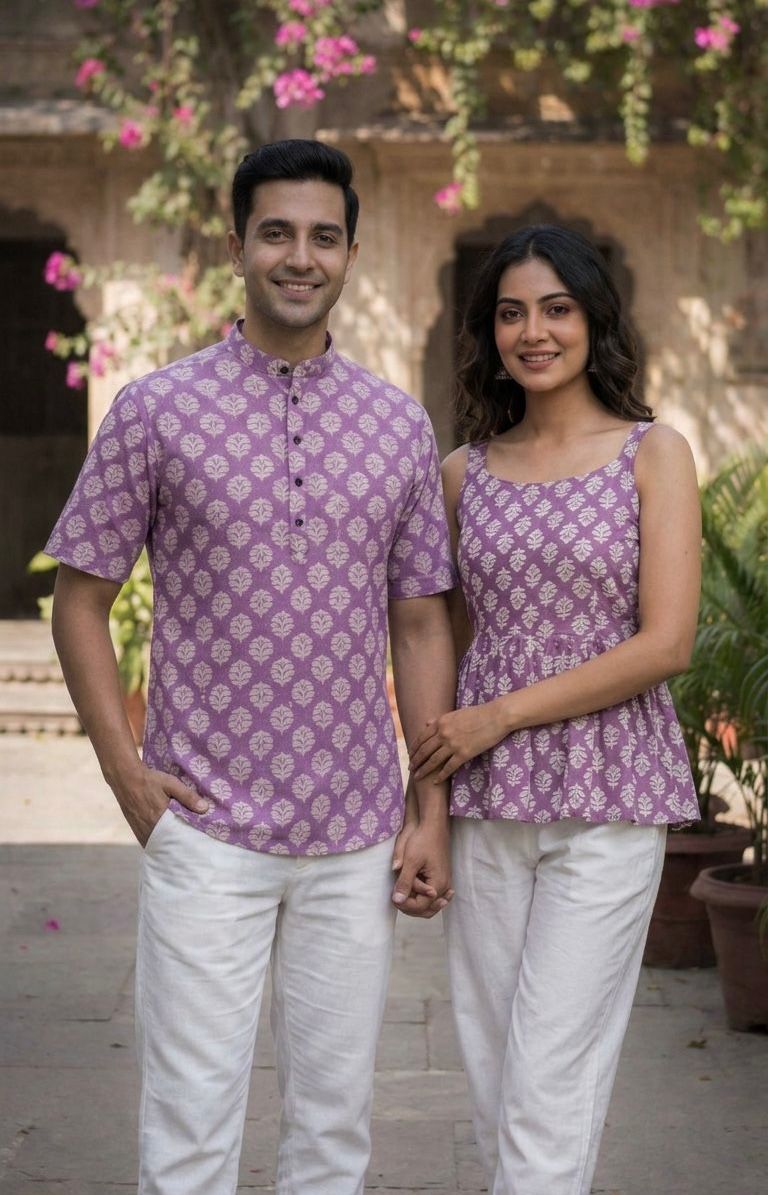 Couple Summer Short Kurta & Kurti Combo Lavender
