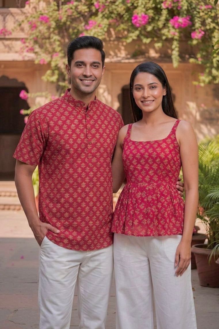 Couple Summer Short Kurta & Kurti Combo Red