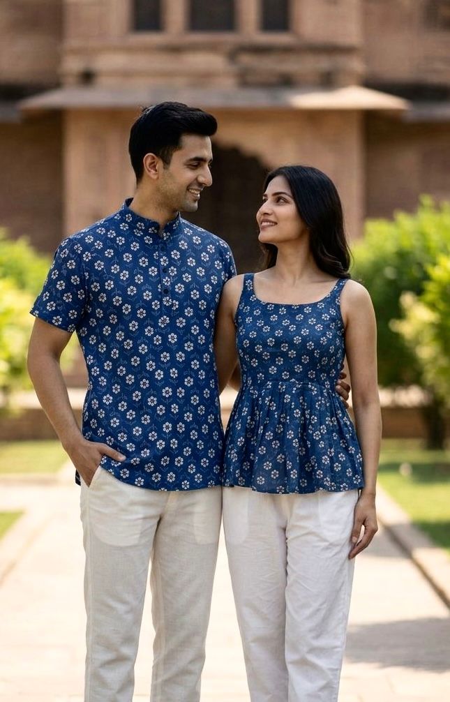 Couple Summer Short Kurta & Kurti Combo Blue