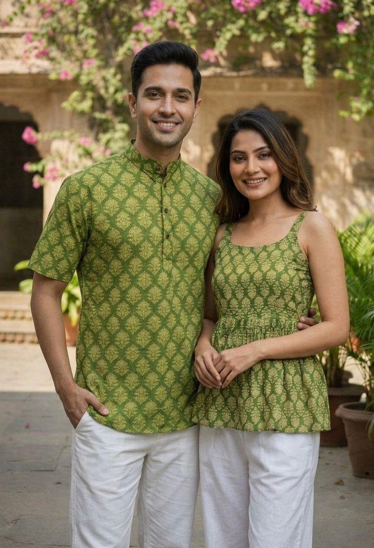 Couple Summer Short Kurta & Kurti Combo Green