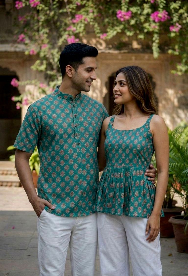 Couple Summer Short Kurta & Kurti Combo Teal Green