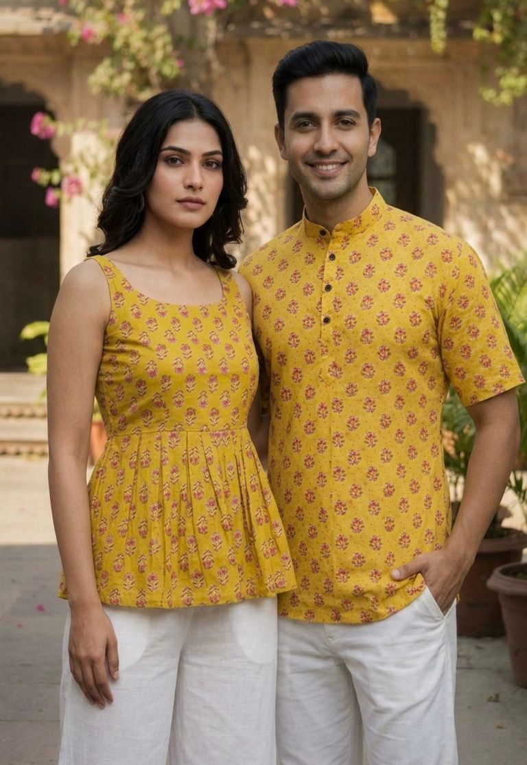 Couple Summer Short Kurta & Kurti Combo Yellow