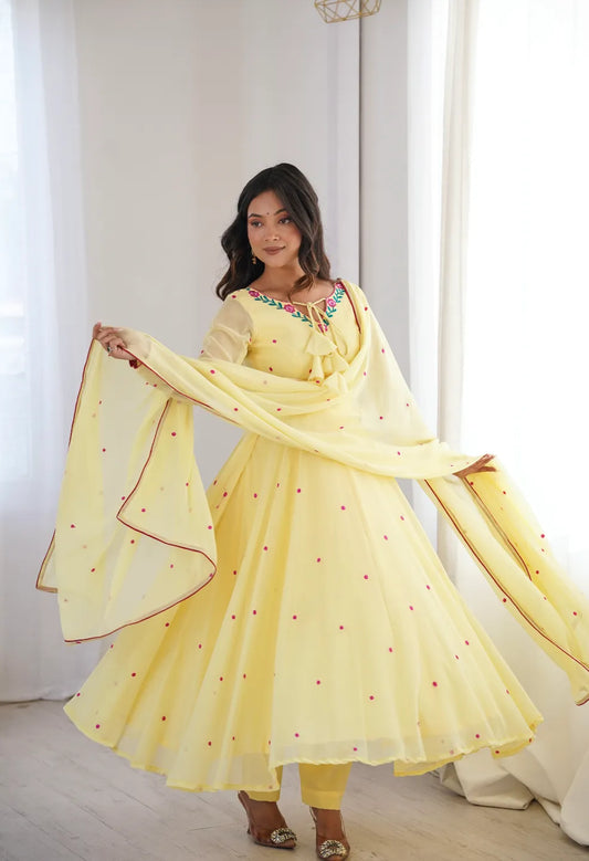 Butter Yellow Embroidery Work Anarkali