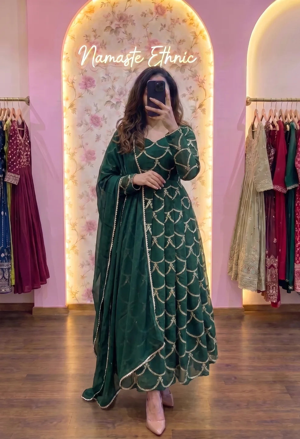Mor peach Anarkali set