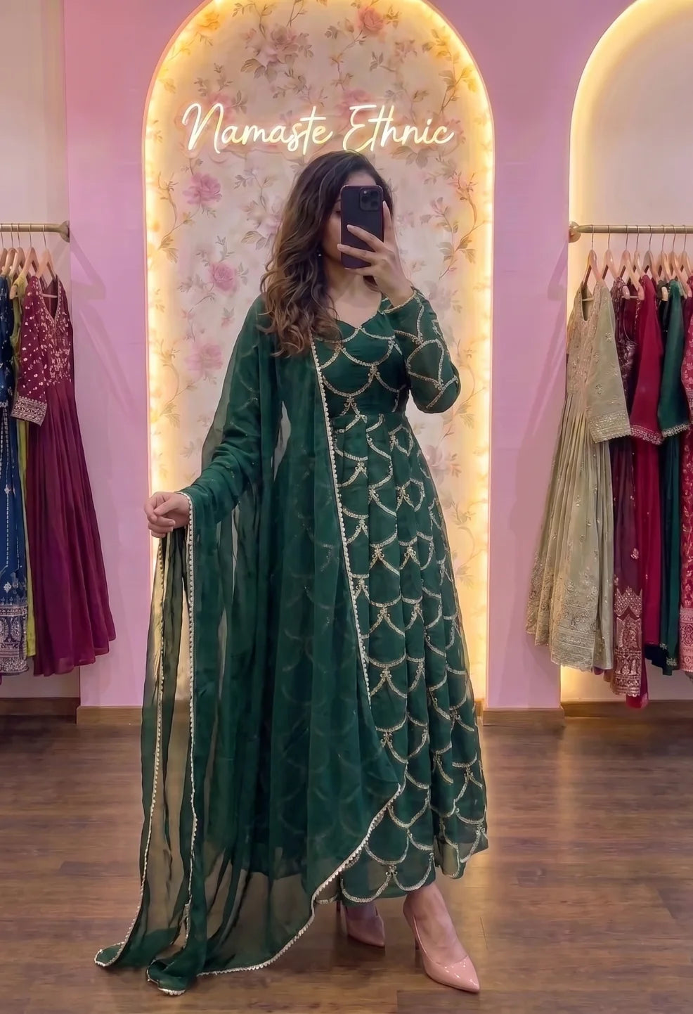 Mor peach Anarkali set