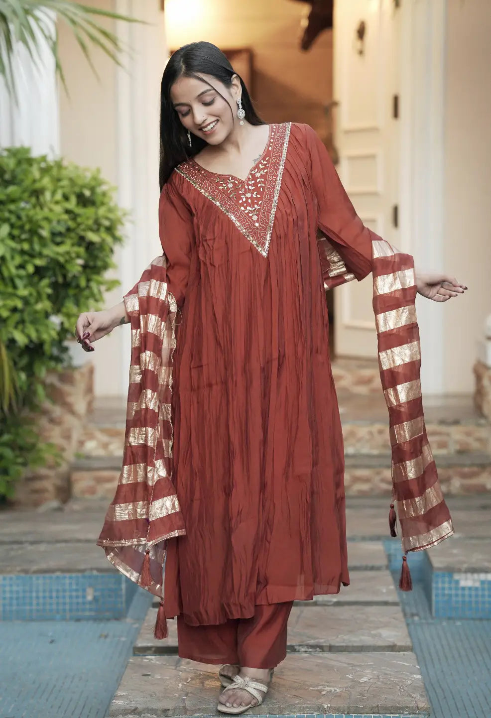 Pure Mul Chanderi Hand Work Anarkali