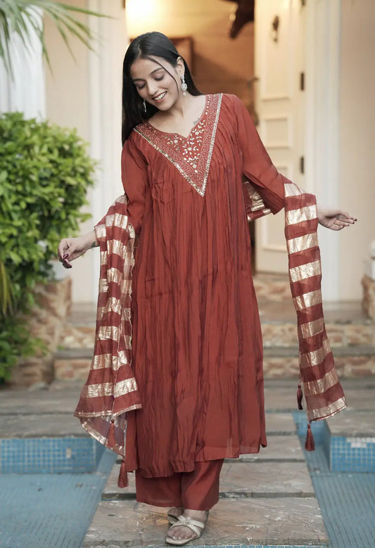 Pure Mul Chanderi Hand Work Anarkali