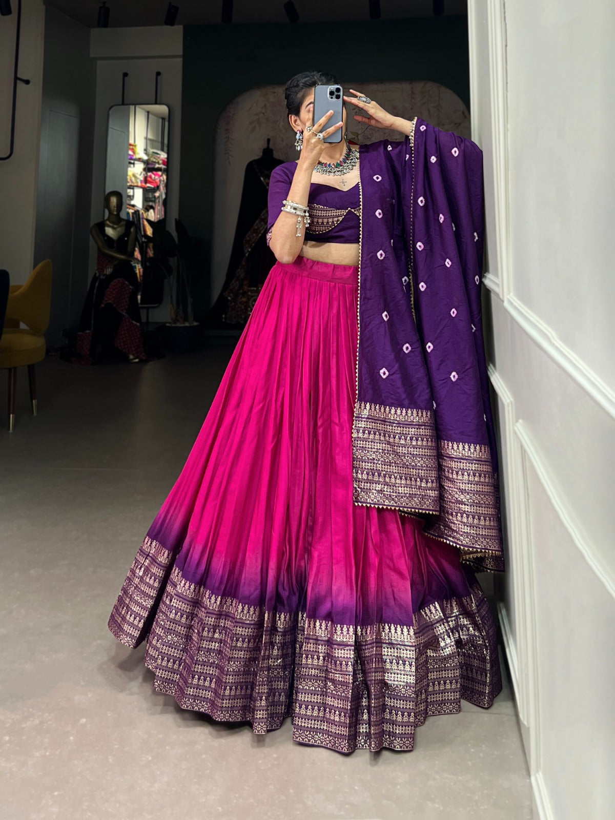 Pure Chanderi Lehenga Adorned with Elegant Zari Weaving Work Border and Bandhej Print Dupatta