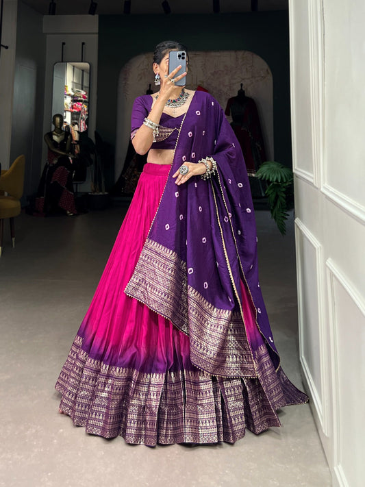 Pure Chanderi Lehenga Adorned with Elegant Zari Weaving Work Border and Bandhej Print Dupatta