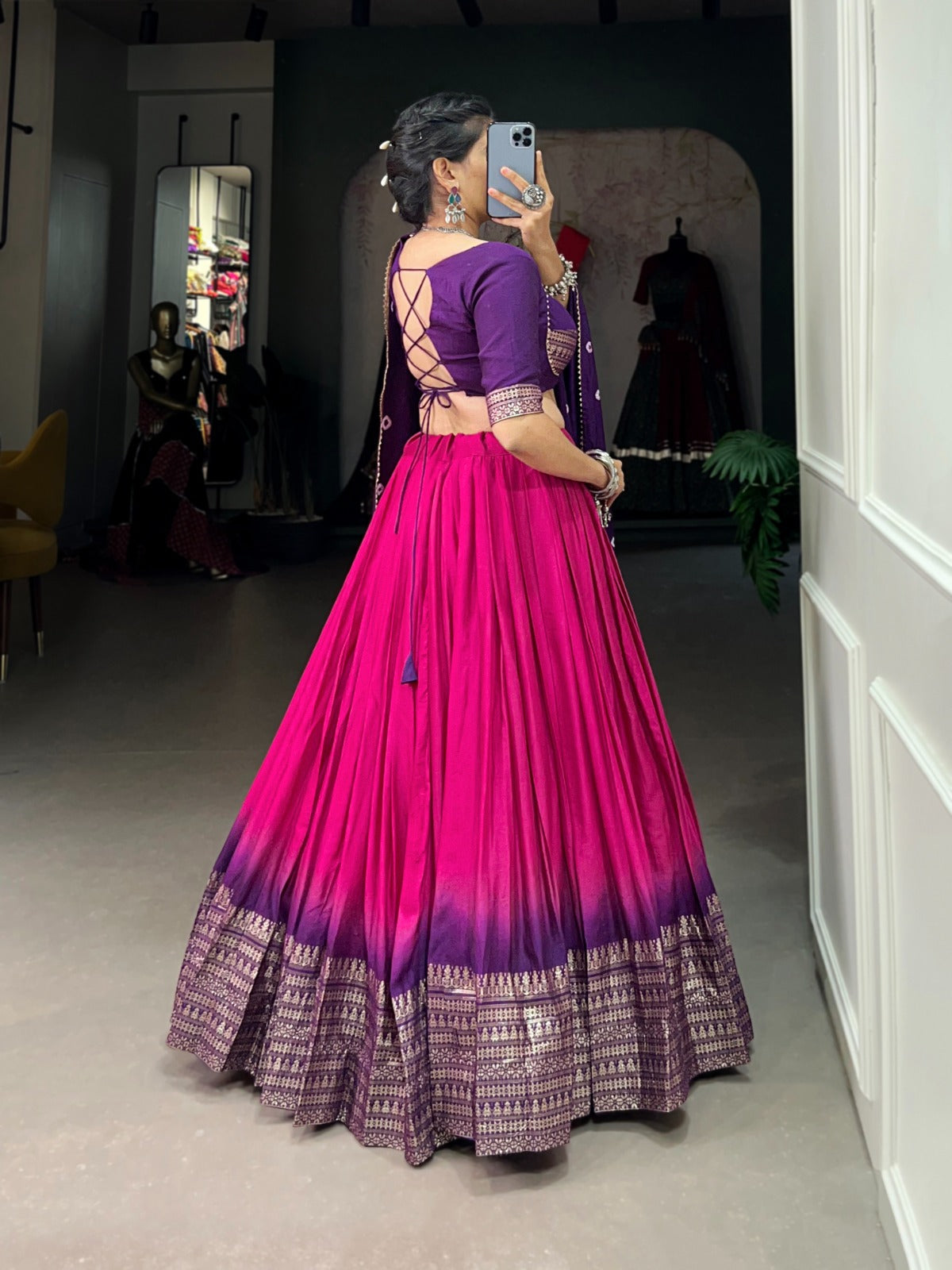 Pure Chanderi Lehenga Adorned with Elegant Zari Weaving Work Border and Bandhej Print Dupatta