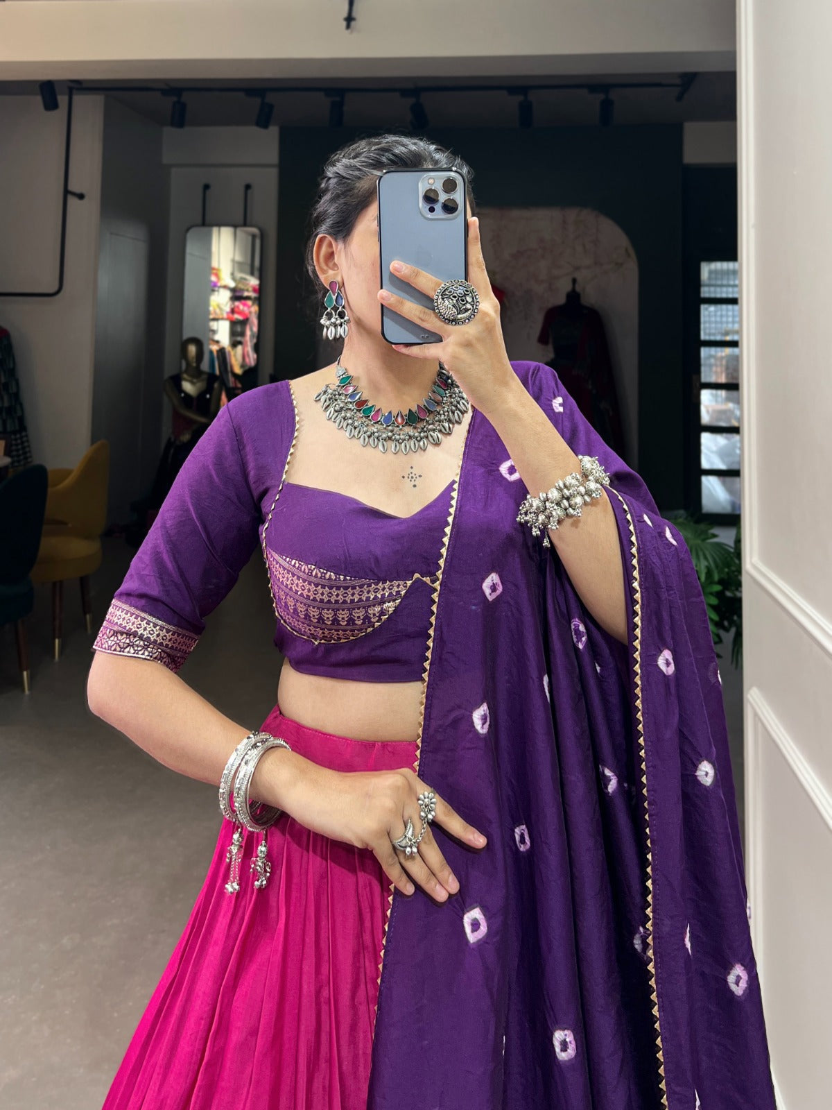 Pure Chanderi Lehenga Adorned with Elegant Zari Weaving Work Border and Bandhej Print Dupatta