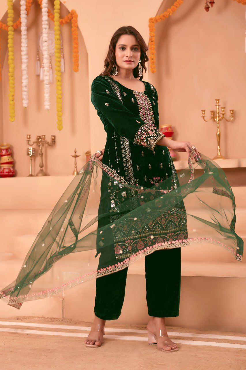 Mehnoor Dark Green Velvet Suit Set