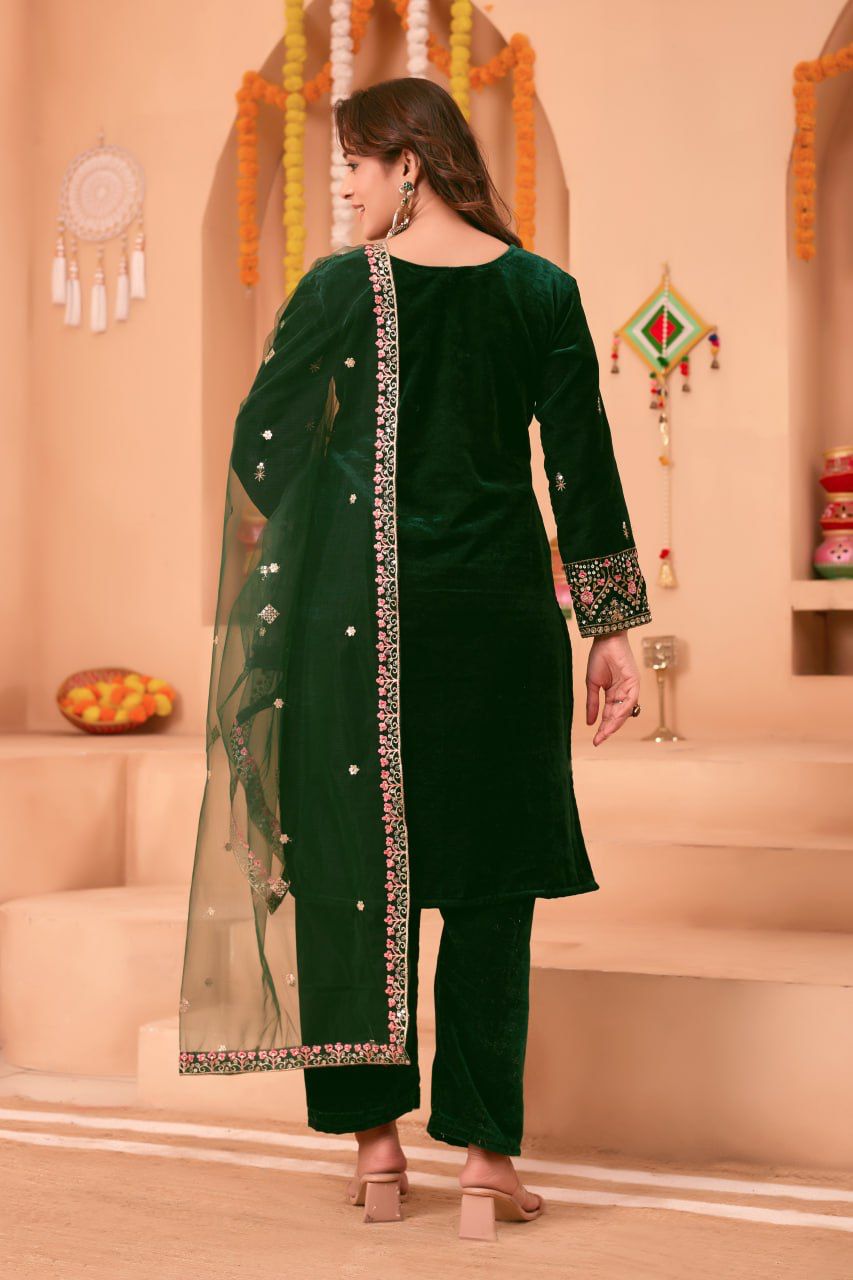 Mehnoor Dark Green Velvet Suit Set
