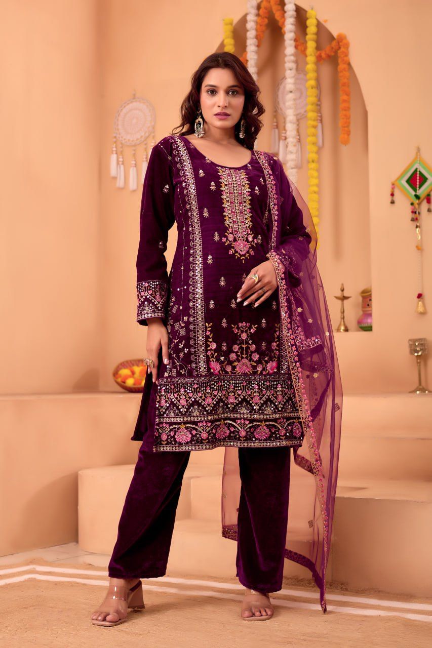 Mehnoor Wine Velvet Suit Set