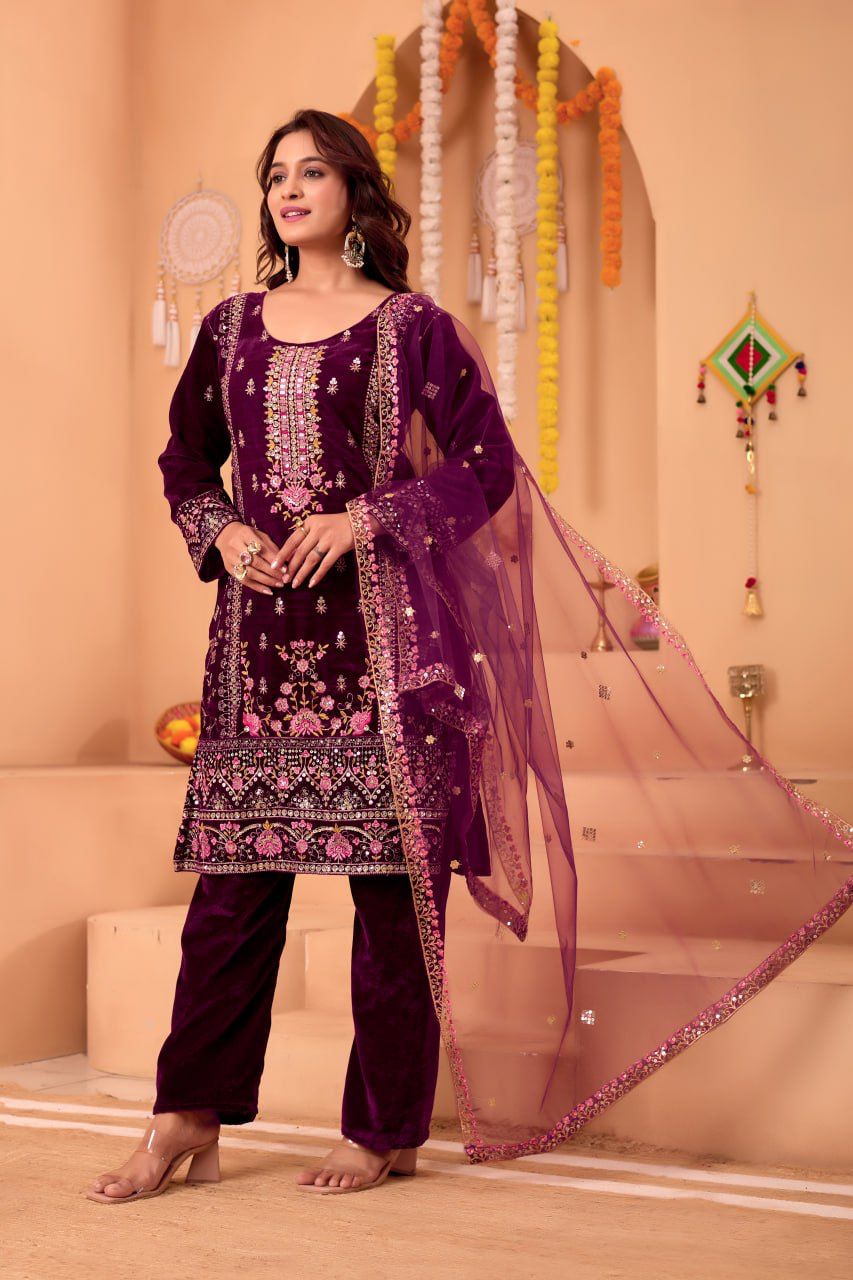 Mehnoor Wine Velvet Suit Set