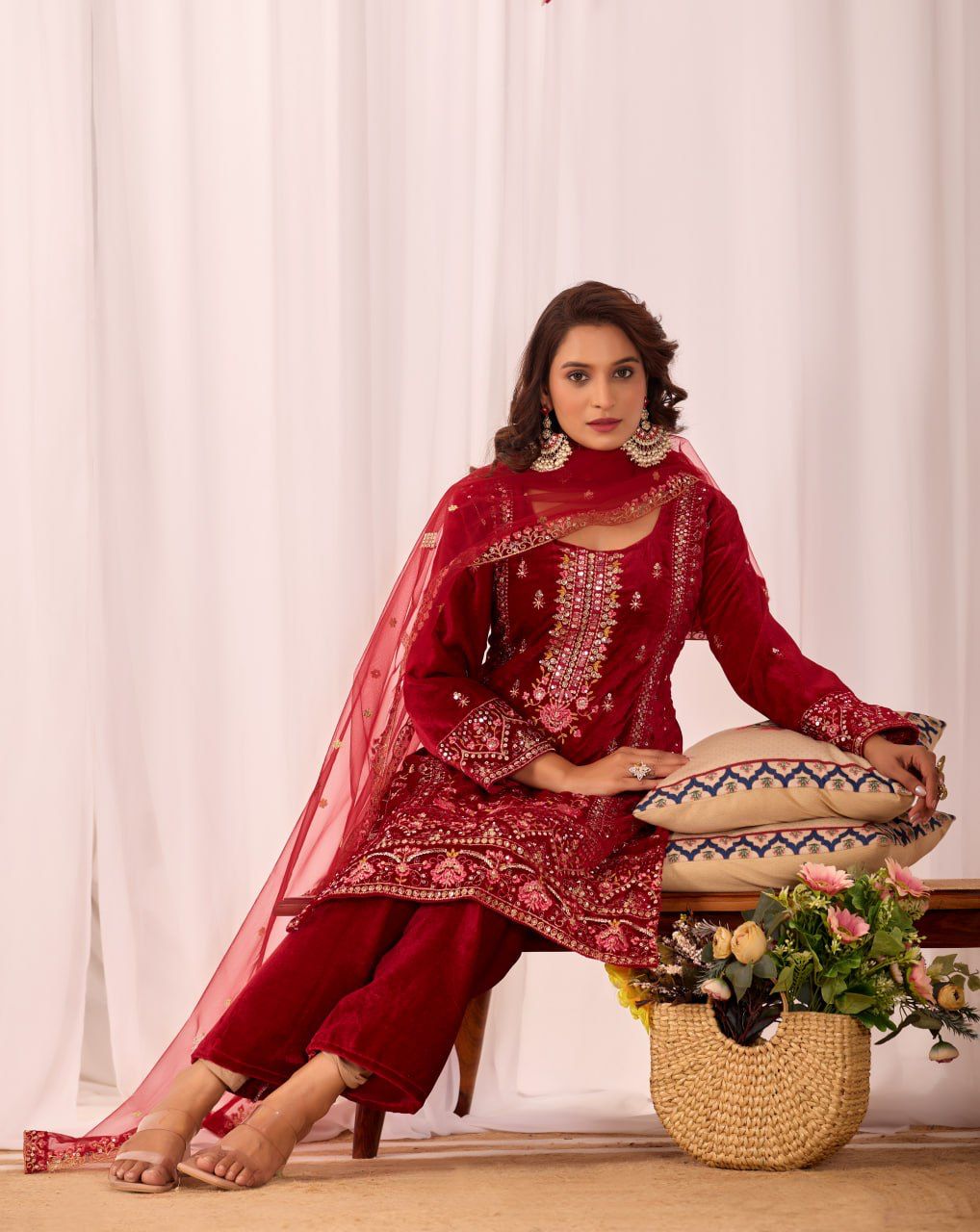 Mehnoor Red Velvet Suit Set