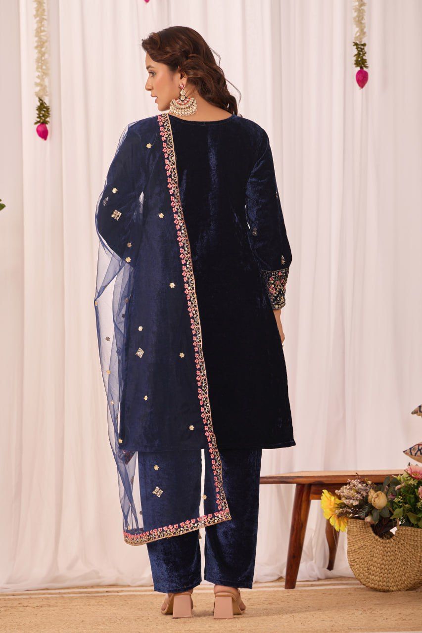 Mehnoor Royal Blue Velvet Suit Set