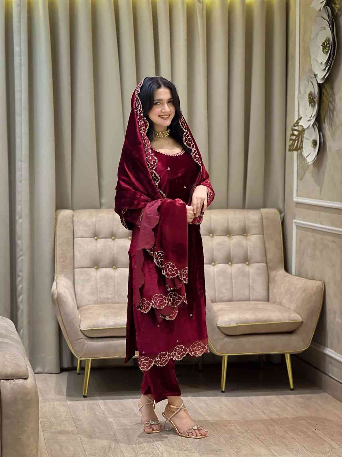 Gulmaroon Velvet Suit