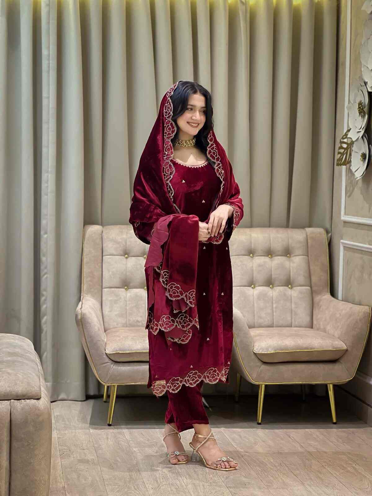Gulmaroon Velvet Suit
