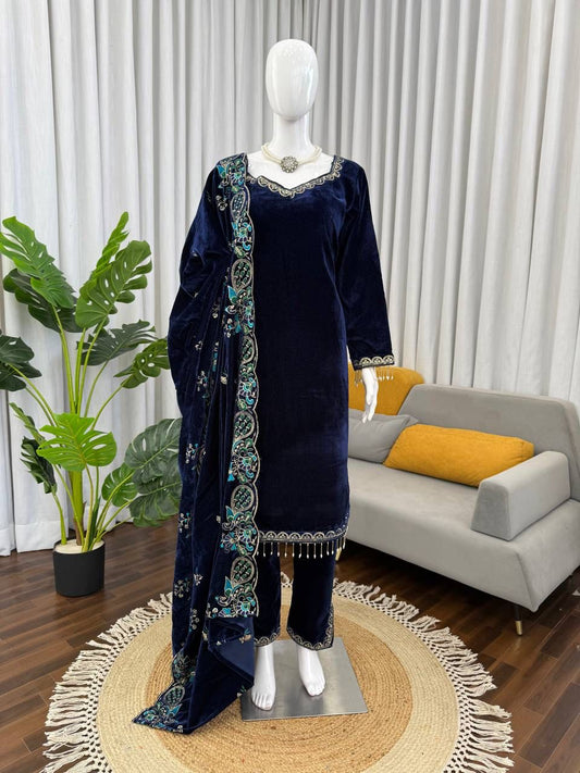 Pure Velvet Dark Blue Suit Set