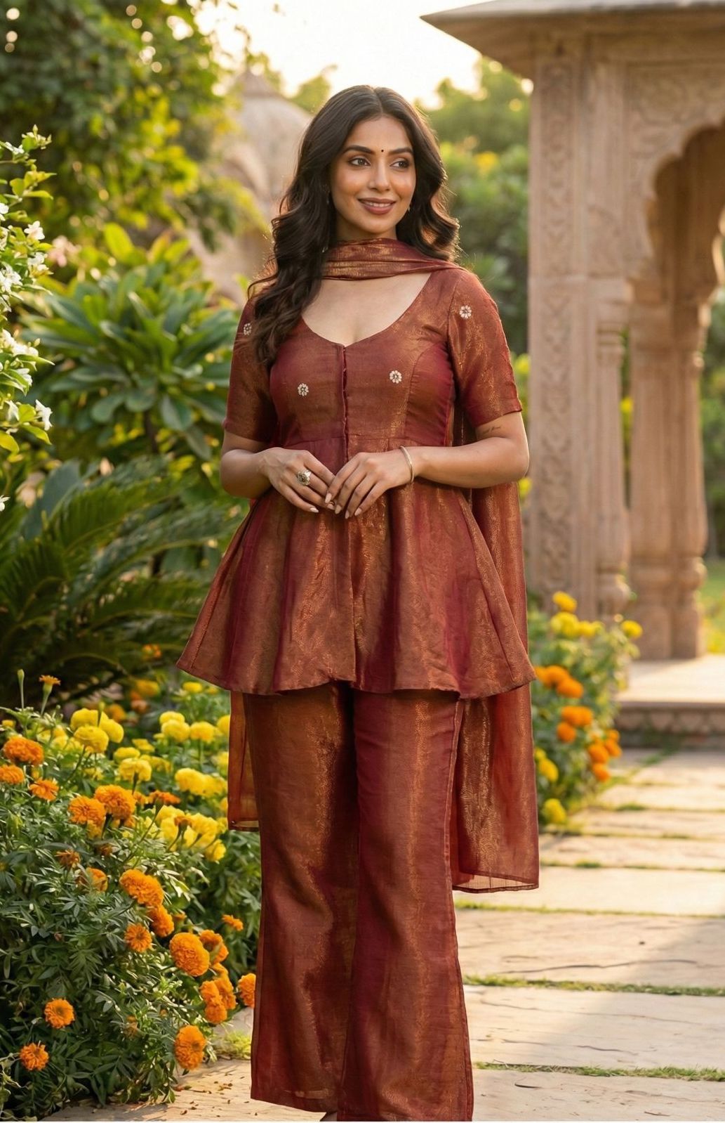 Antique Peplum Set - Maroon & Gold